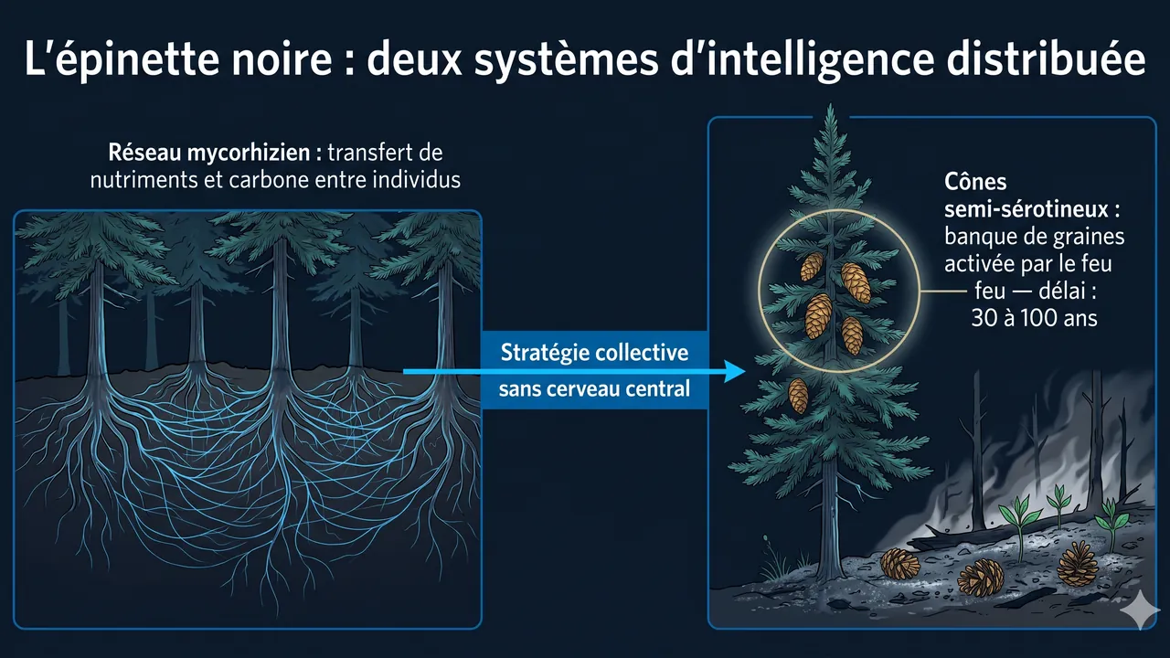 L'épinette noire : réseau mycorhizien et cônes semi-sérotineux — deux systèmes d'intelligence distribuée sans cerveau central