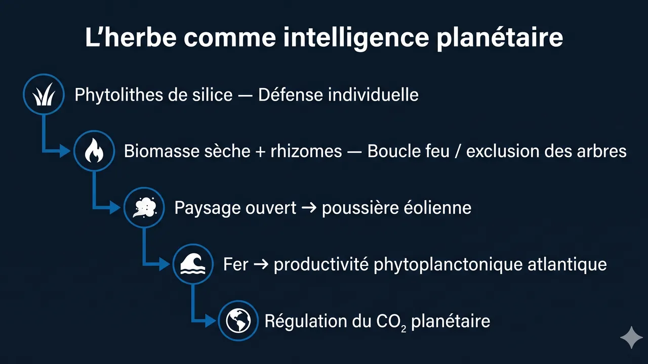 Chaîne causale : l'herbe comme intelligence planétaire — de la défense individuelle à la régulation du CO₂