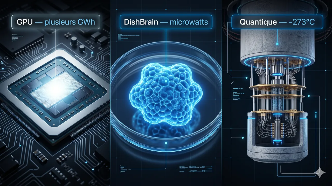 GPU vs DishBrain vs Quantique — profil énergie-rendement comparé par substrat de calcul