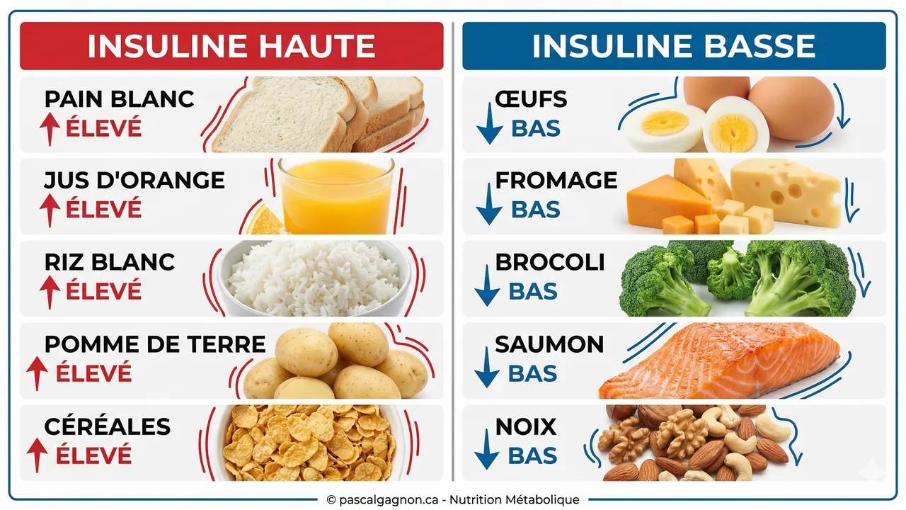 Tableau comparatif aliments index insulinique élevé vs faible — pain blanc, yogourt, œufs