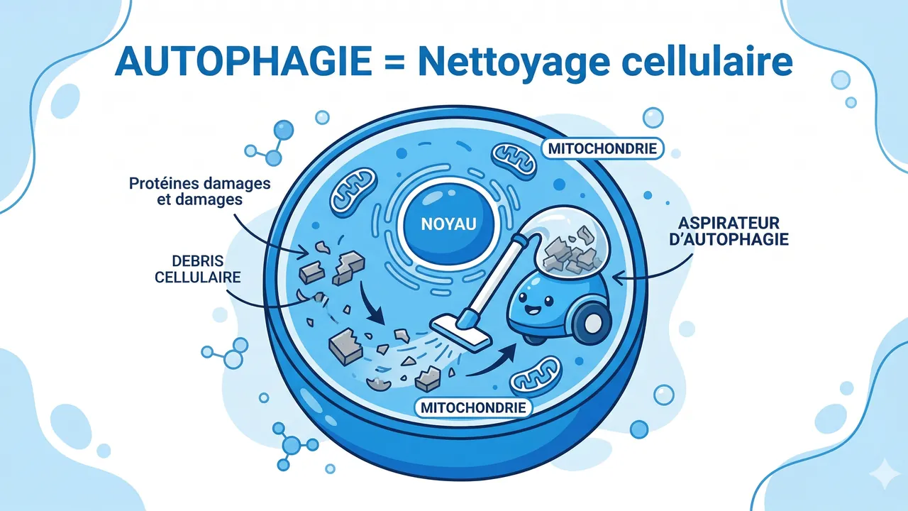 Schéma simplifié autophagie cellulaire — cellule qui démantèle ses composants défectueux
