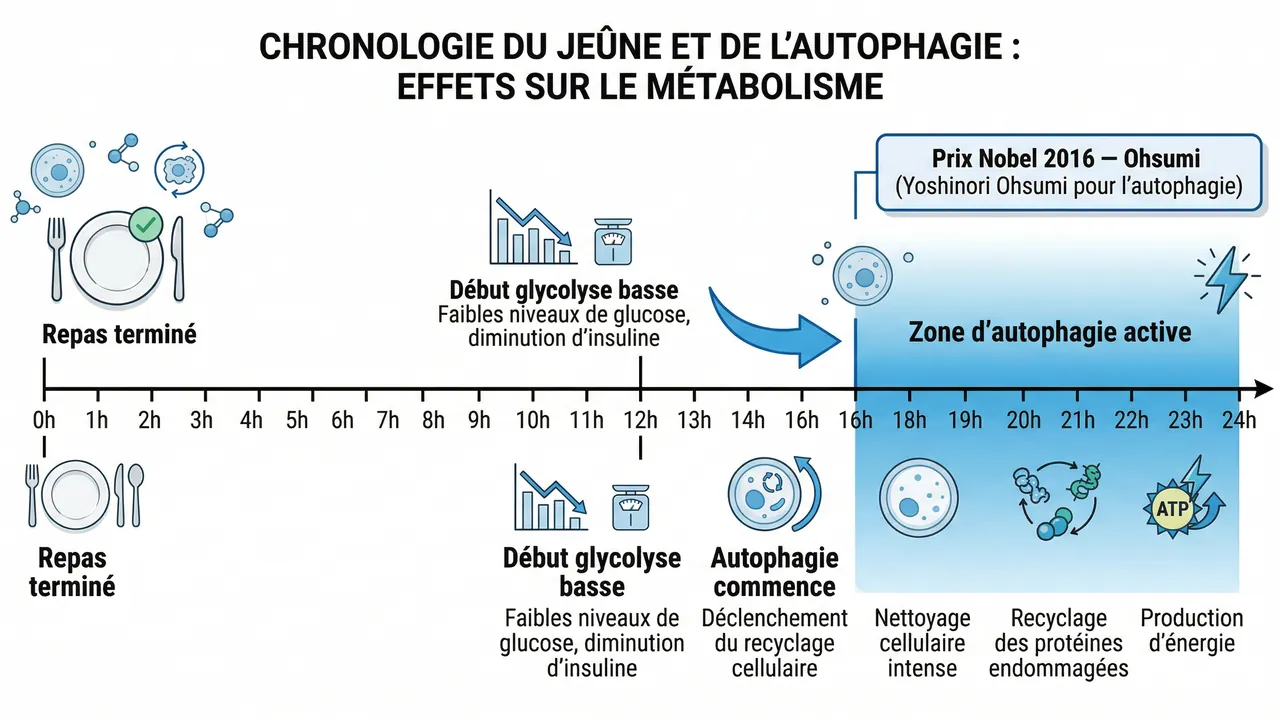 Timeline autophagie selon les heures de jeûne — activation progressive à partir de 16h