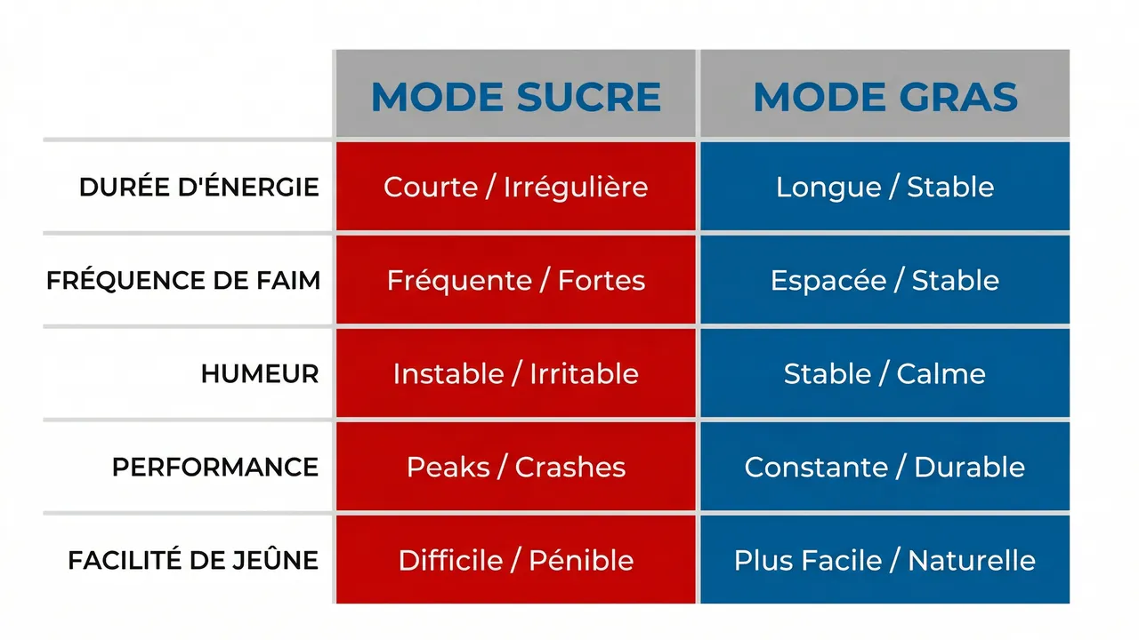 Tableau comparatif mode sucre vs mode gras — autonomie, faim, énergie
