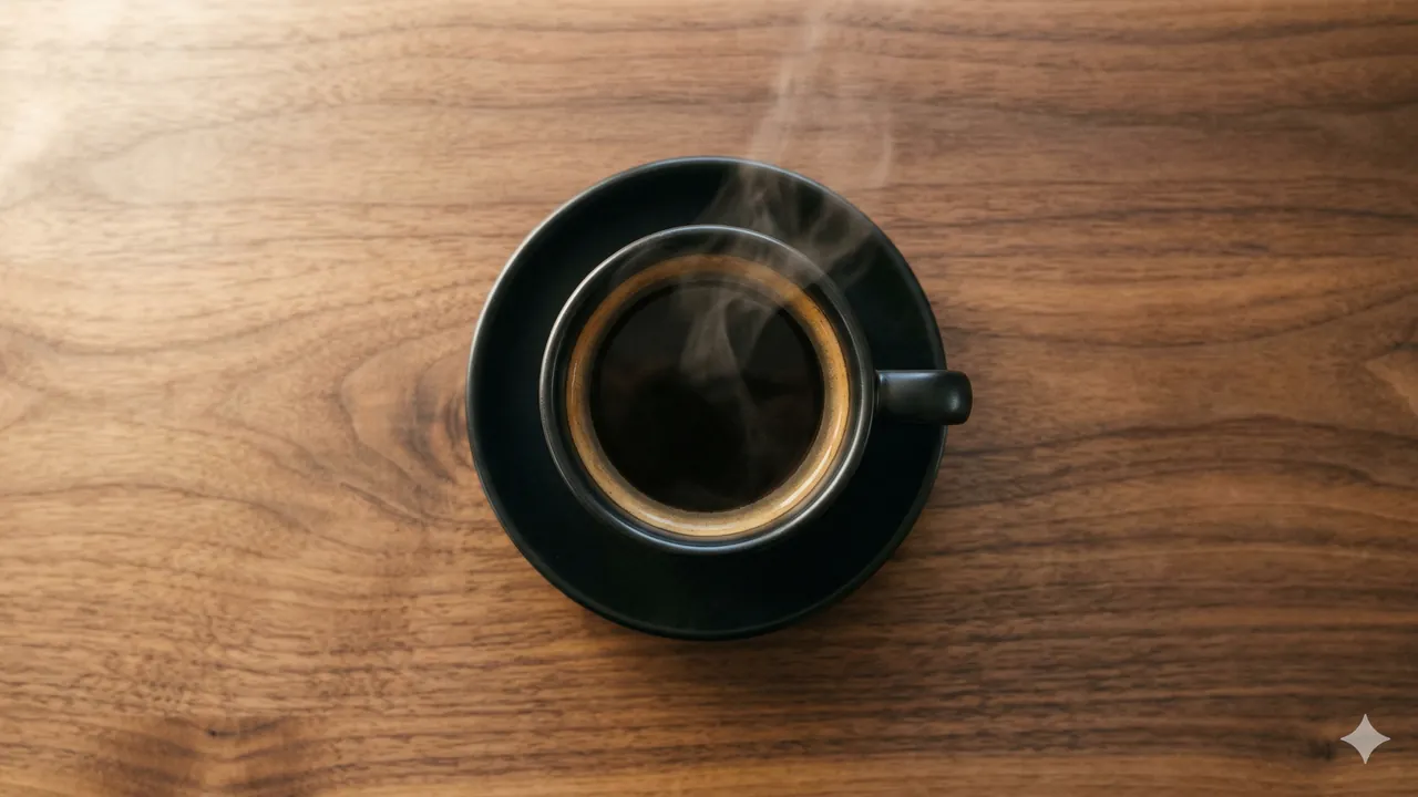 Tasse d'espresso noir vue de dessus sur table en bois — jeûne intermittent matin