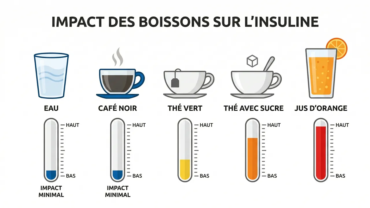 Infographie impact insuline des boissons pendant le jeûne — eau café thé jus