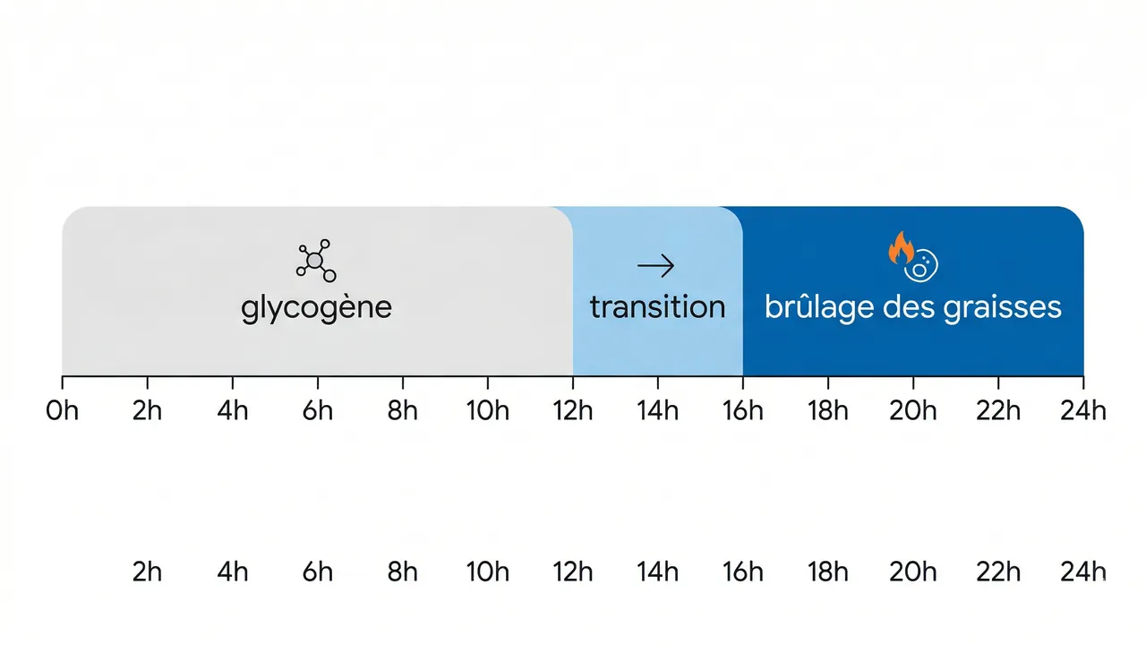 Timeline métabolique du jeûne — horloge et graphique heures
