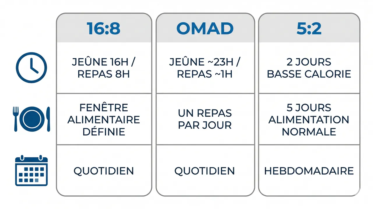 Tableau comparatif des protocoles 16:8, OMAD et 5:2 avec effets métaboliques