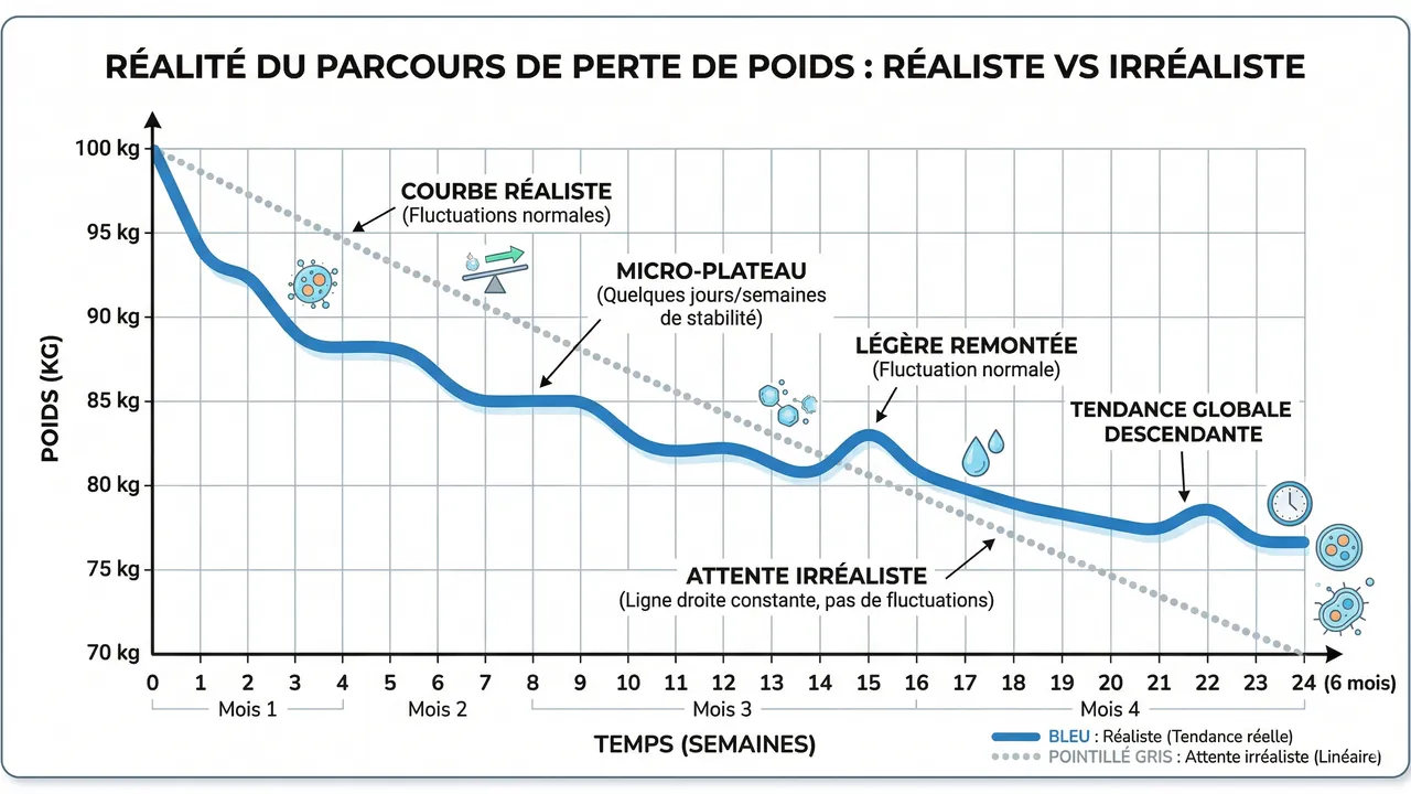Timeline graphique 3 mois de jeûne intermittent — poids et énergie semaine par semaine