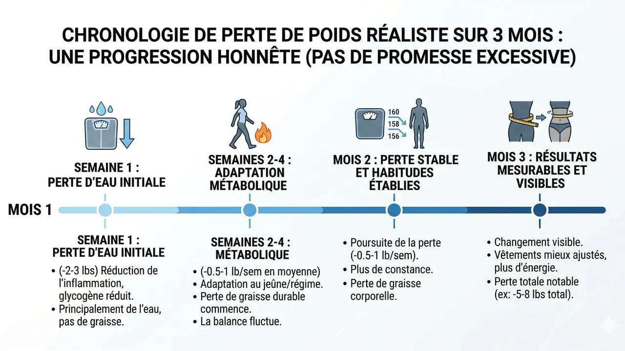Courbe de perte de poids réaliste jeûne intermittent — 12 semaines avec plateau et reprise
