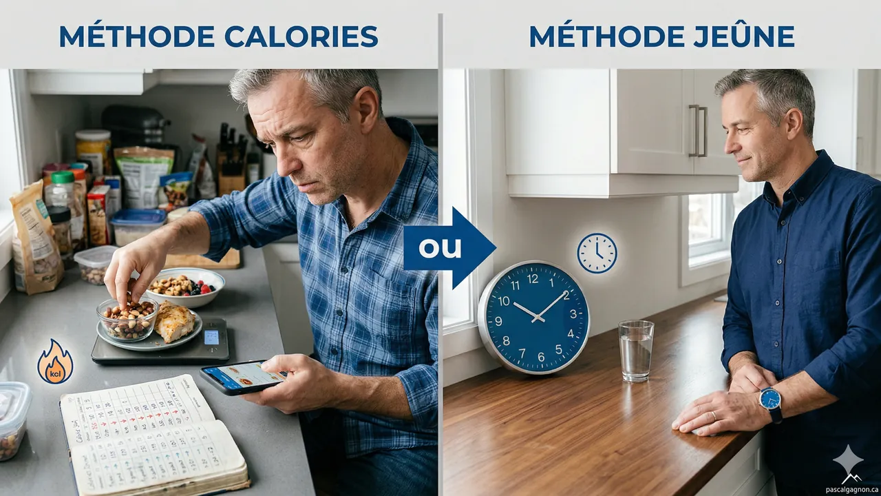Balance de cuisine vs horloge — symbolise calories vs heures de jeûne