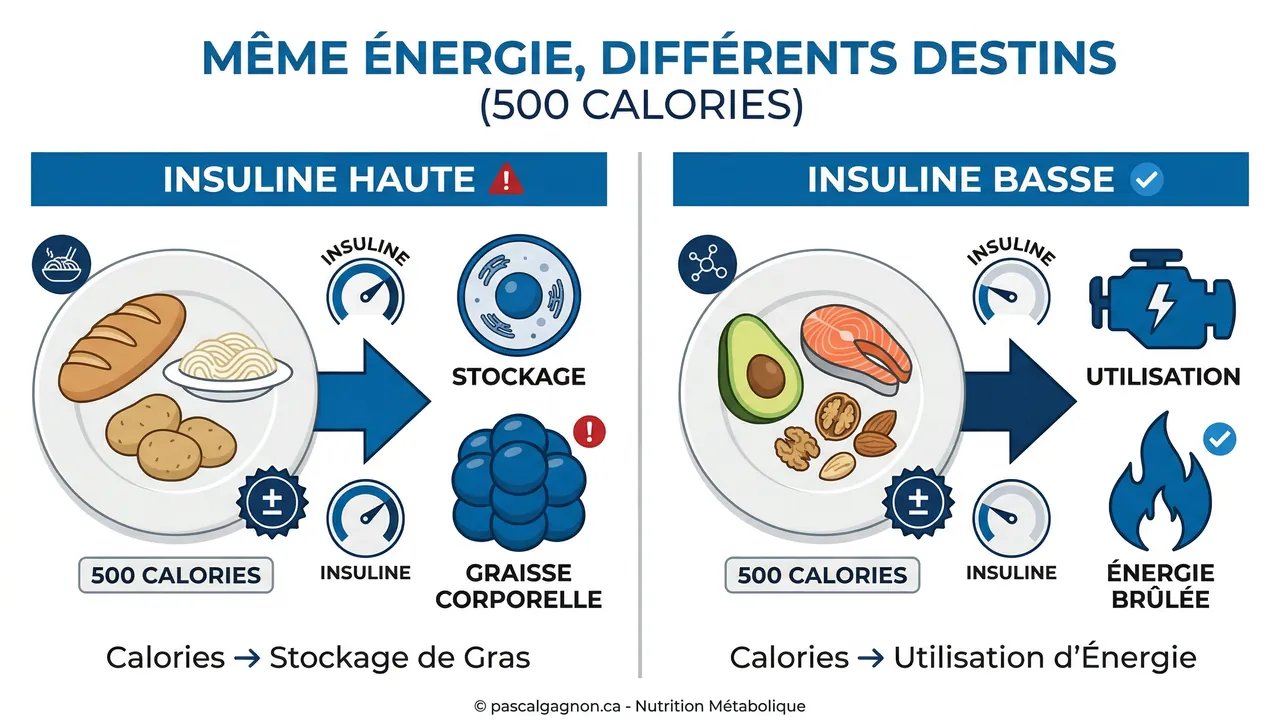 Schéma insuline et distribution des calories dans le corps — stockage vs brûlage