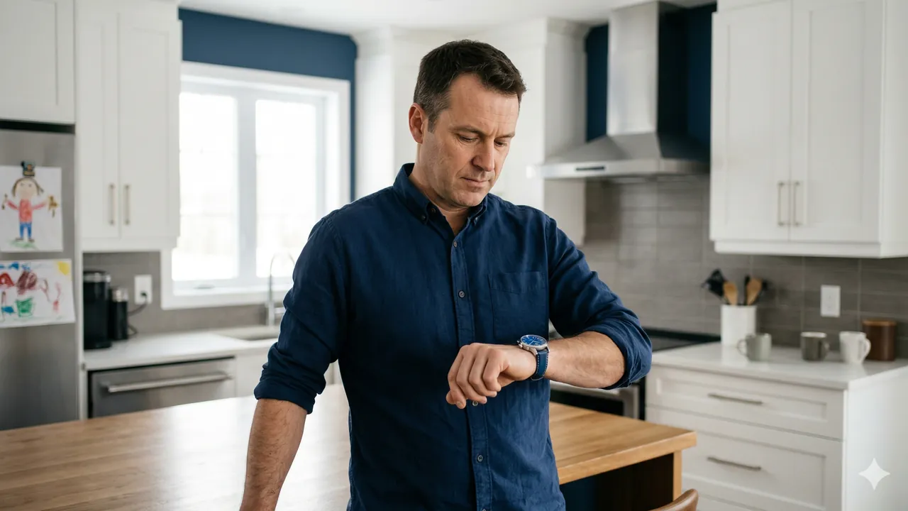 Homme qui regarde l'horloge le matin — adaptation au jeûne intermittent