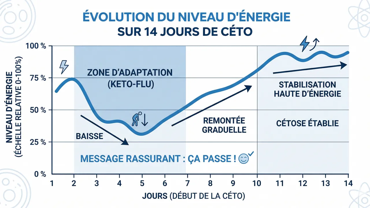 Courbe énergie pendant transition métabolique — creux jours 2-4, reprise jour 7-10