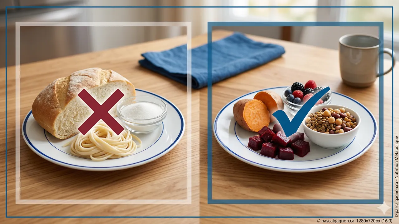 Comparaison glucides — patate douce vs pain blanc vs légumes racines sur planche de bois