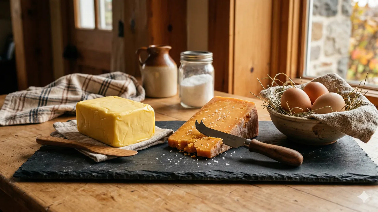 Beurre, fromage et œufs sur planche de bois — réhabilitation des gras saturés