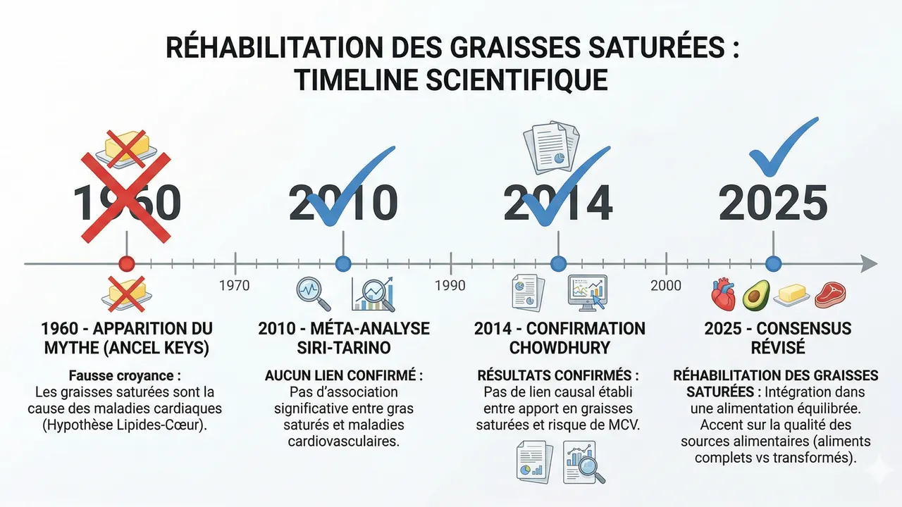 Timeline du mythe des gras saturés — de l'hypothèse Ancel Keys aux méta-analyses modernes