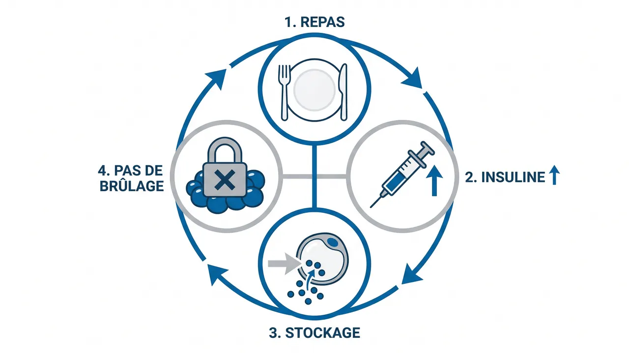 Cycle repas — insuline haute, stockage, puis insuline basse, brûlage