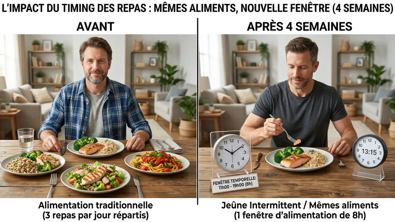 Deux assiettes identiques côte à côte — avec horloge montrant fenêtre alimentaire