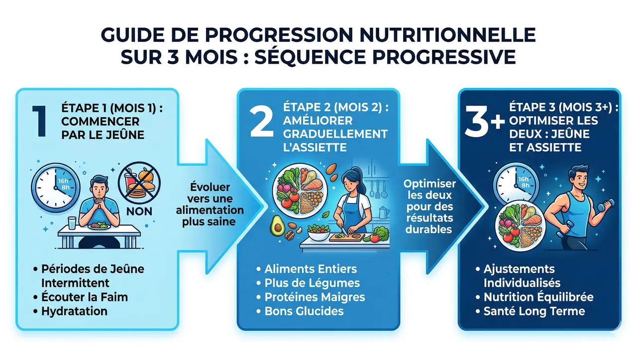 Schéma progression — jeûne seul en phase 1, puis amélioration alimentation en phase 2