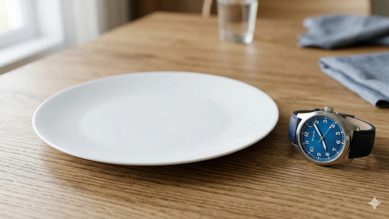 Assiette vide sur table en bois avec montre analogique — jeûne intermittent