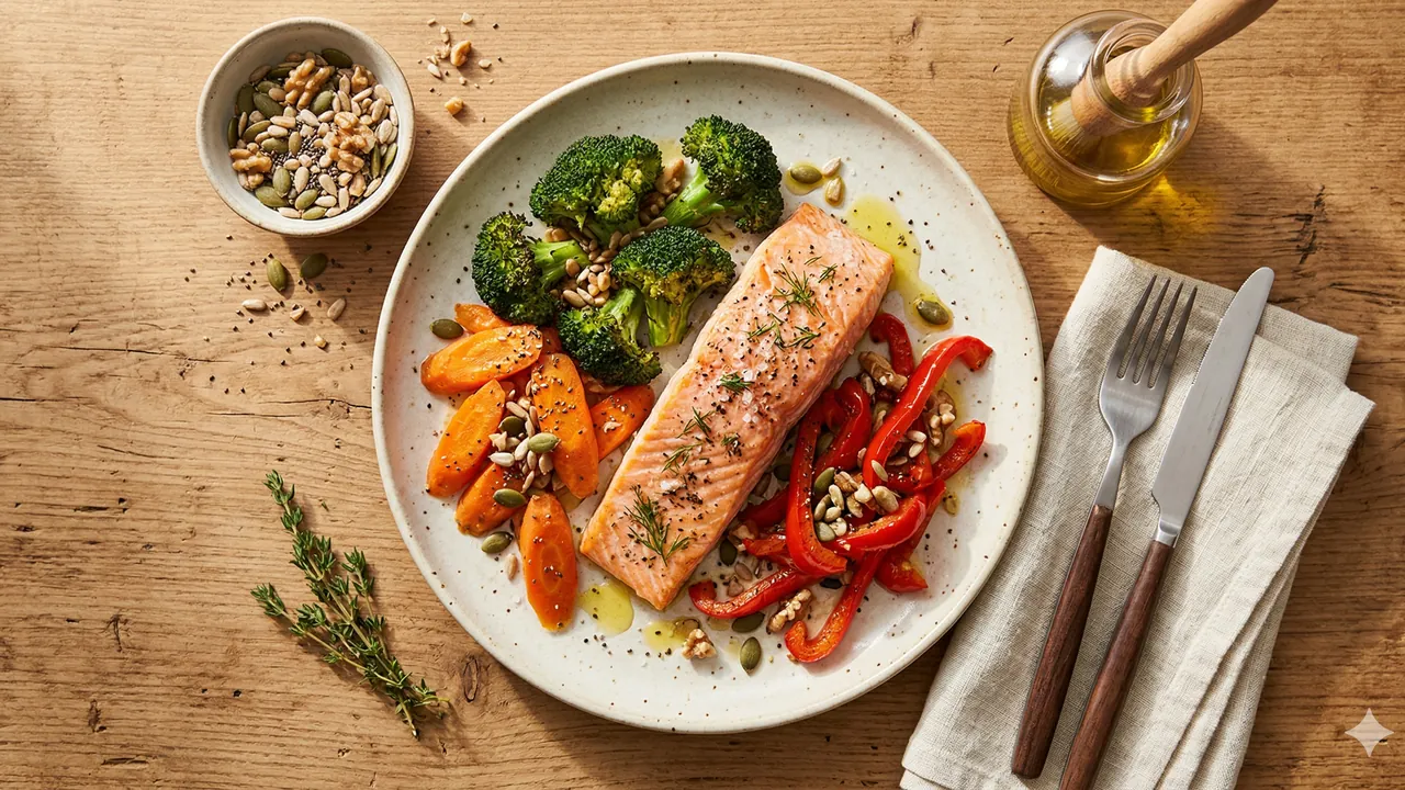 Assiette anti-inflammatoire colorée — saumon, bleuets, noix, légumes sur fond sombre