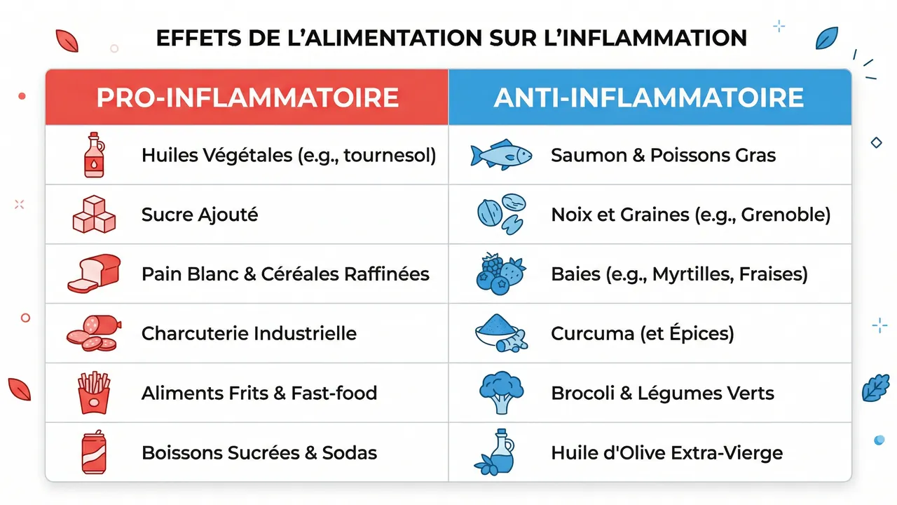 Tableau aliments pro-inflammatoires vs anti-inflammatoires — comparatif visuel