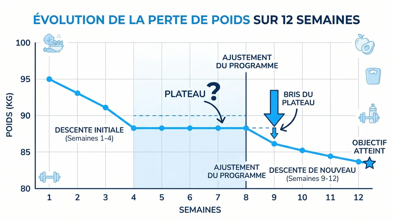 Graphique poids semaines montrant plateau et reprise de perte — courbe réaliste