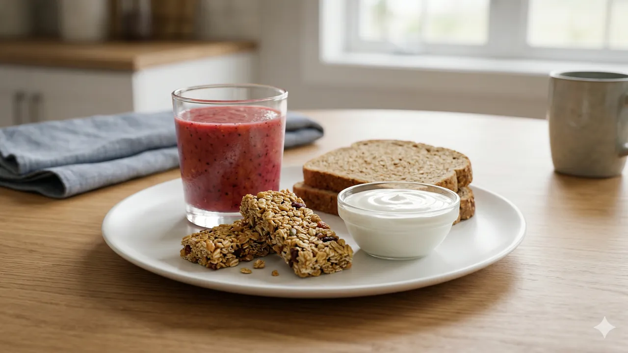 Assiette d'aliments perçus comme santé — smoothie, granola, jus — trompe-l'oeil