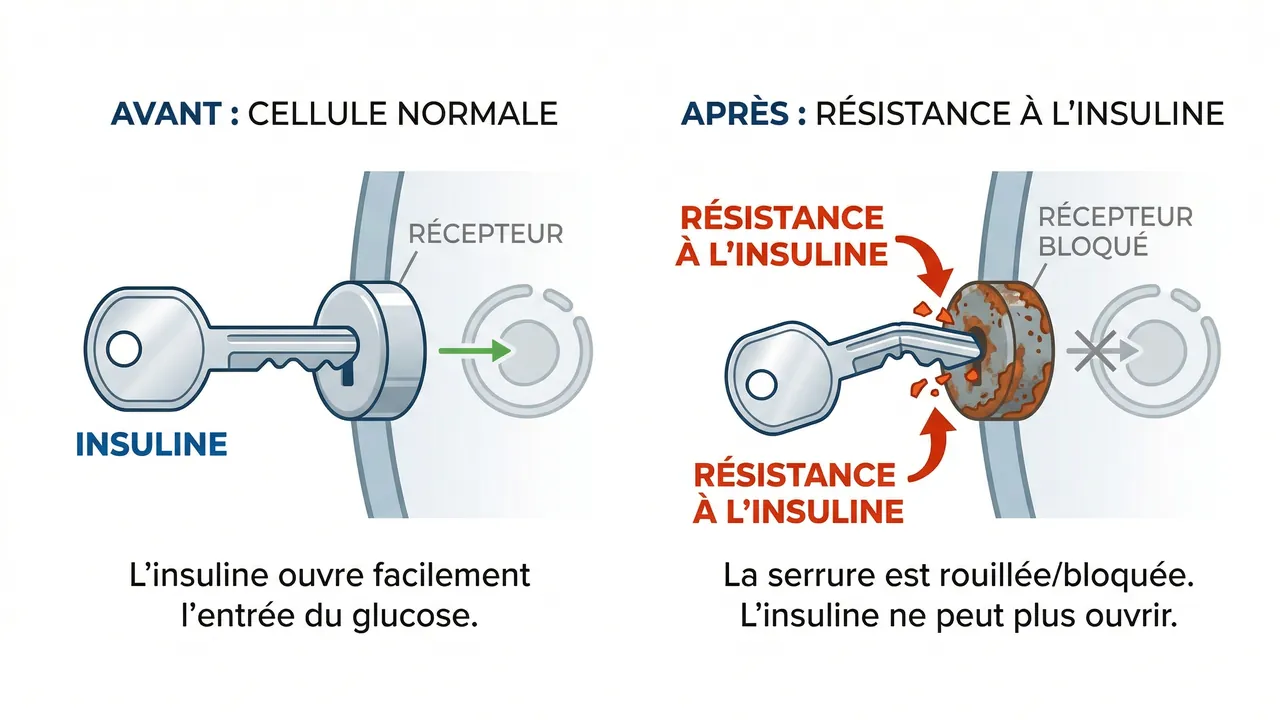 Schéma cellule résistante à l'insuline — clé qui force la serrure